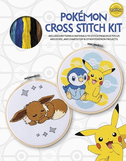 Pokémon Cross Stitch Kit: Includes patterns and materials to stitch Pikachu & Piplup, & Evee, and charts for 16 other Pokémon projects